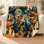 Cubist Trumpet blanket, on a sofa