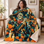 Cubist Trumpet blanket, wrapped around a reader
