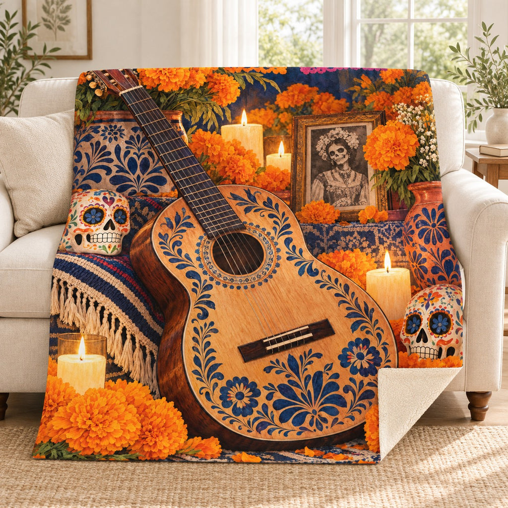Guitar Ofrenda blanket, on a sofa