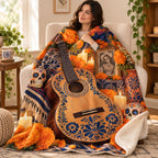 Guitar Ofrenda blanket, wrapped around a reader