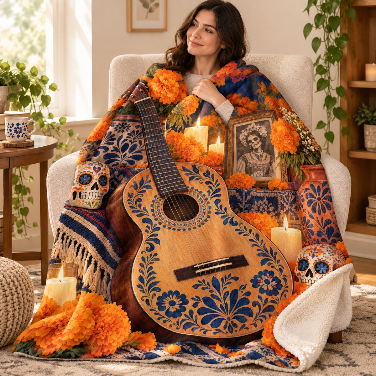Guitar Ofrenda blanket, wrapped around a reader