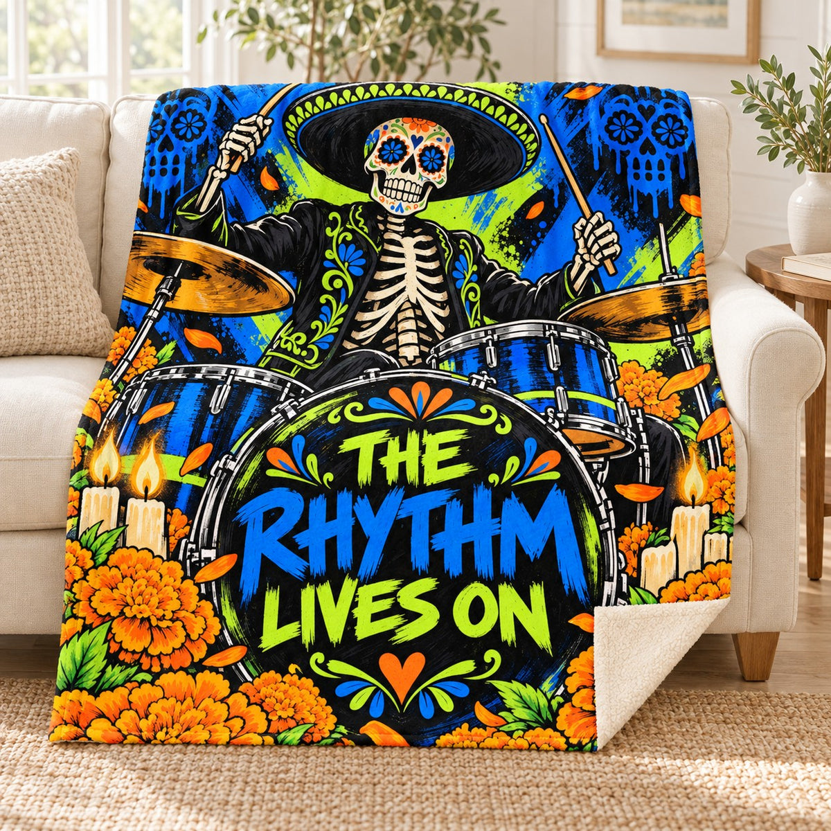 The Rhythm Lives On blanket, on a sofa