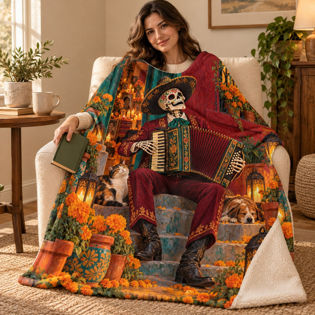 Accordion Serenade blanket, wrapped around a reader