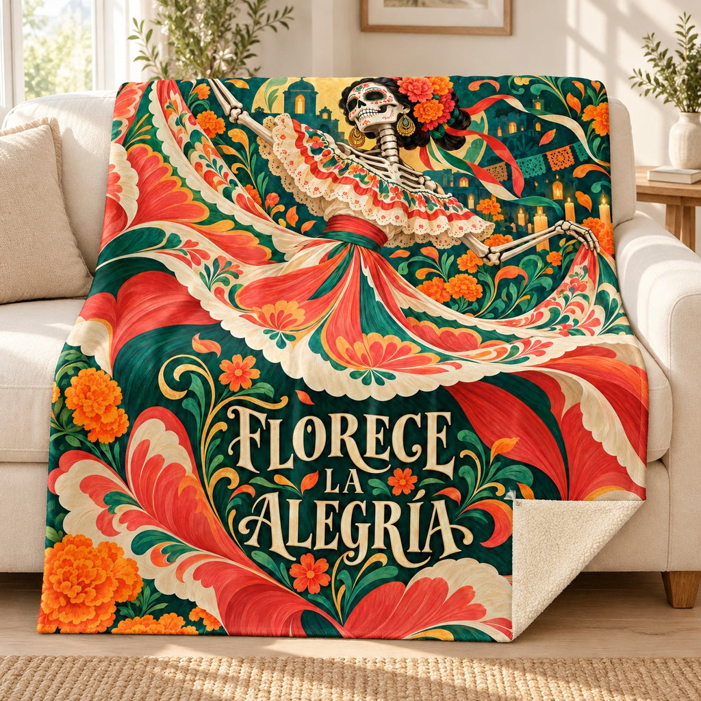 Florece la Alegría blanket, on a sofa