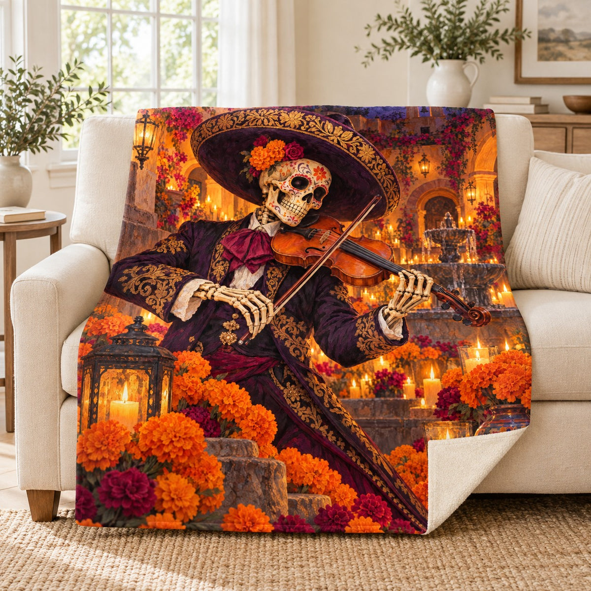Candlelit Violin blanket, on a sofa