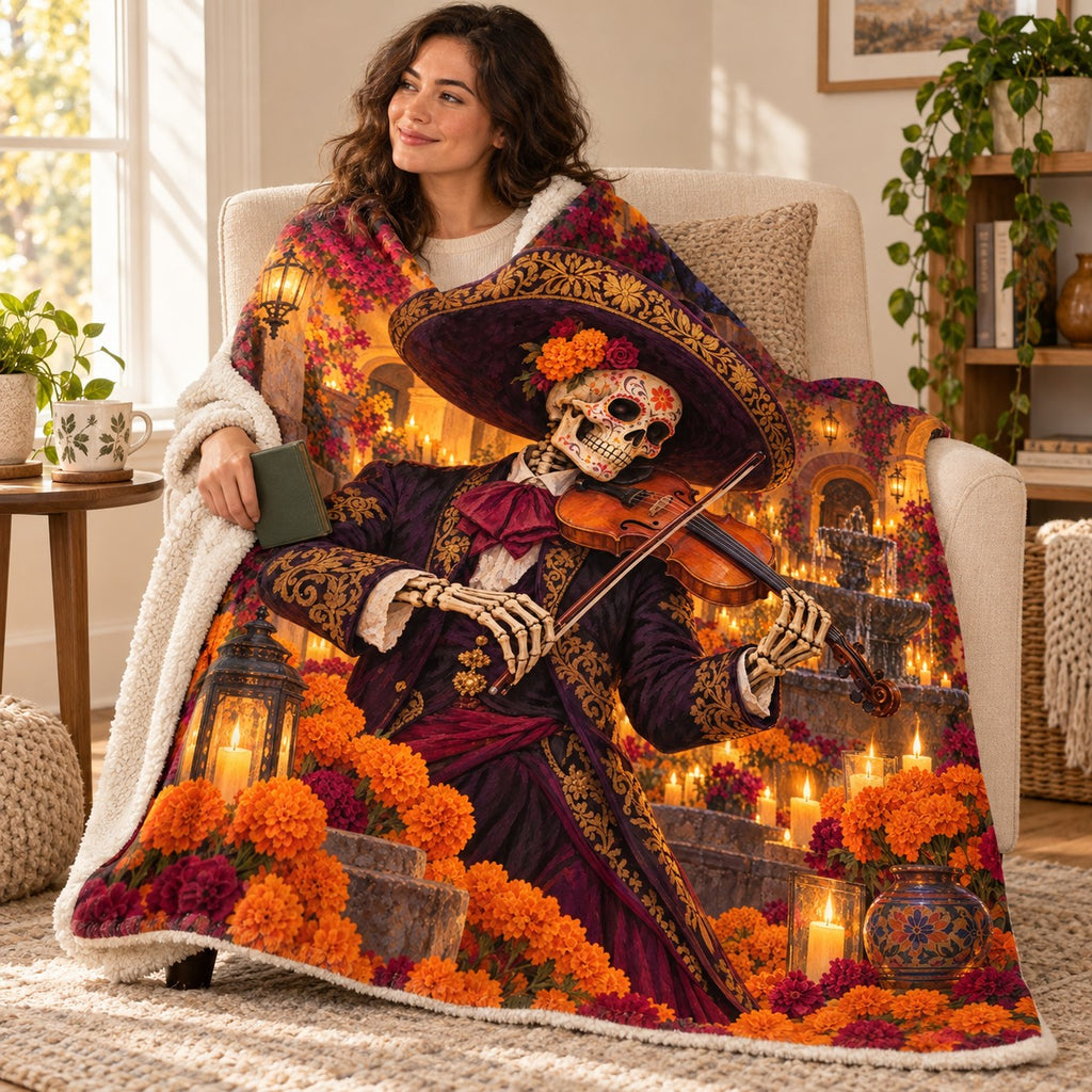 Candlelit Violin blanket, wrapped around a reader