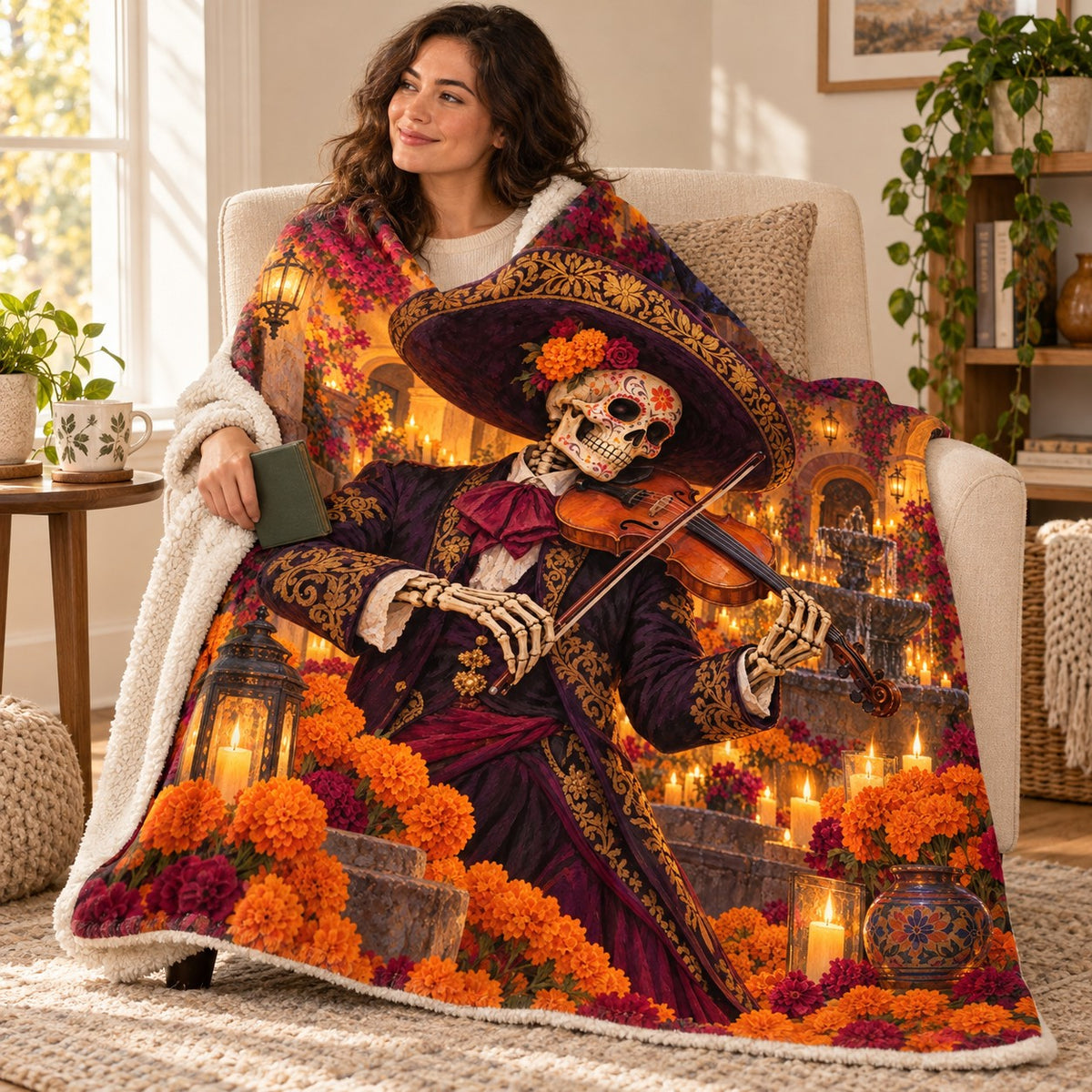 Candlelit Violin blanket, wrapped around a reader