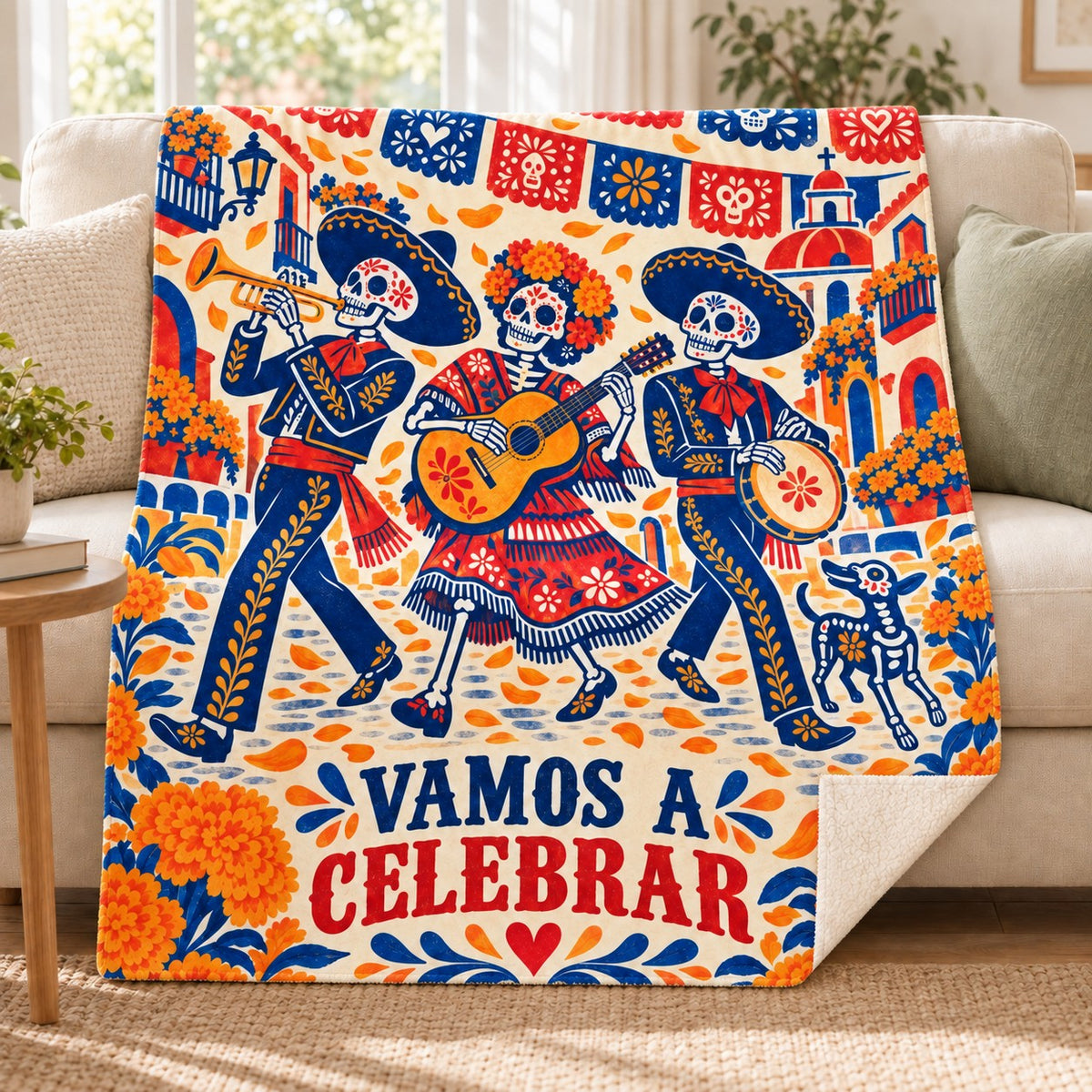 Vamos a Celebrar blanket, on a sofa
