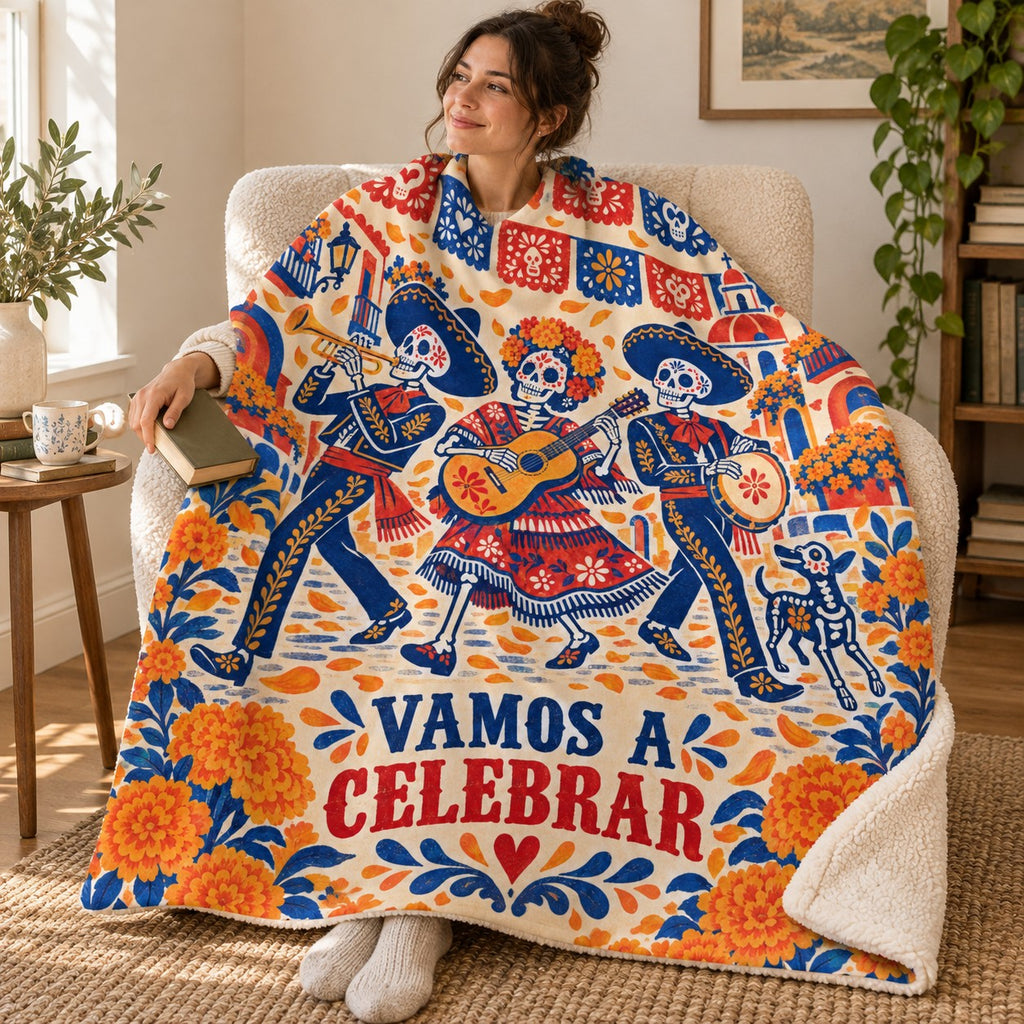 Vamos a Celebrar blanket, wrapped around a reader
