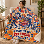 Vamos a Celebrar blanket, wrapped around a reader