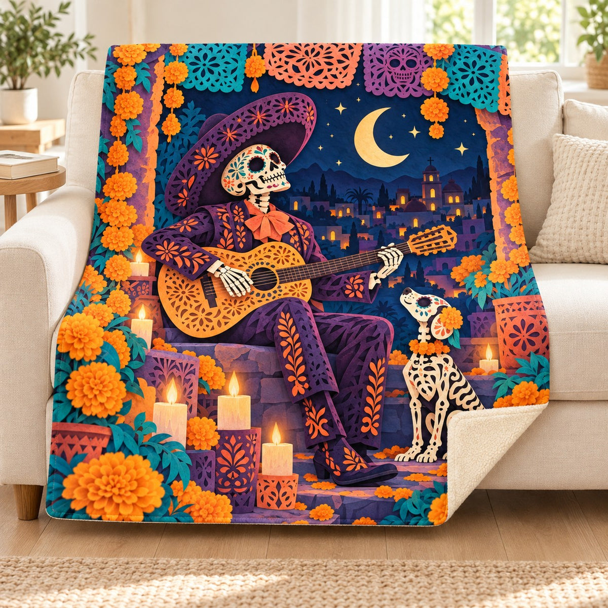 Moonlight Guitar blanket, on a sofa