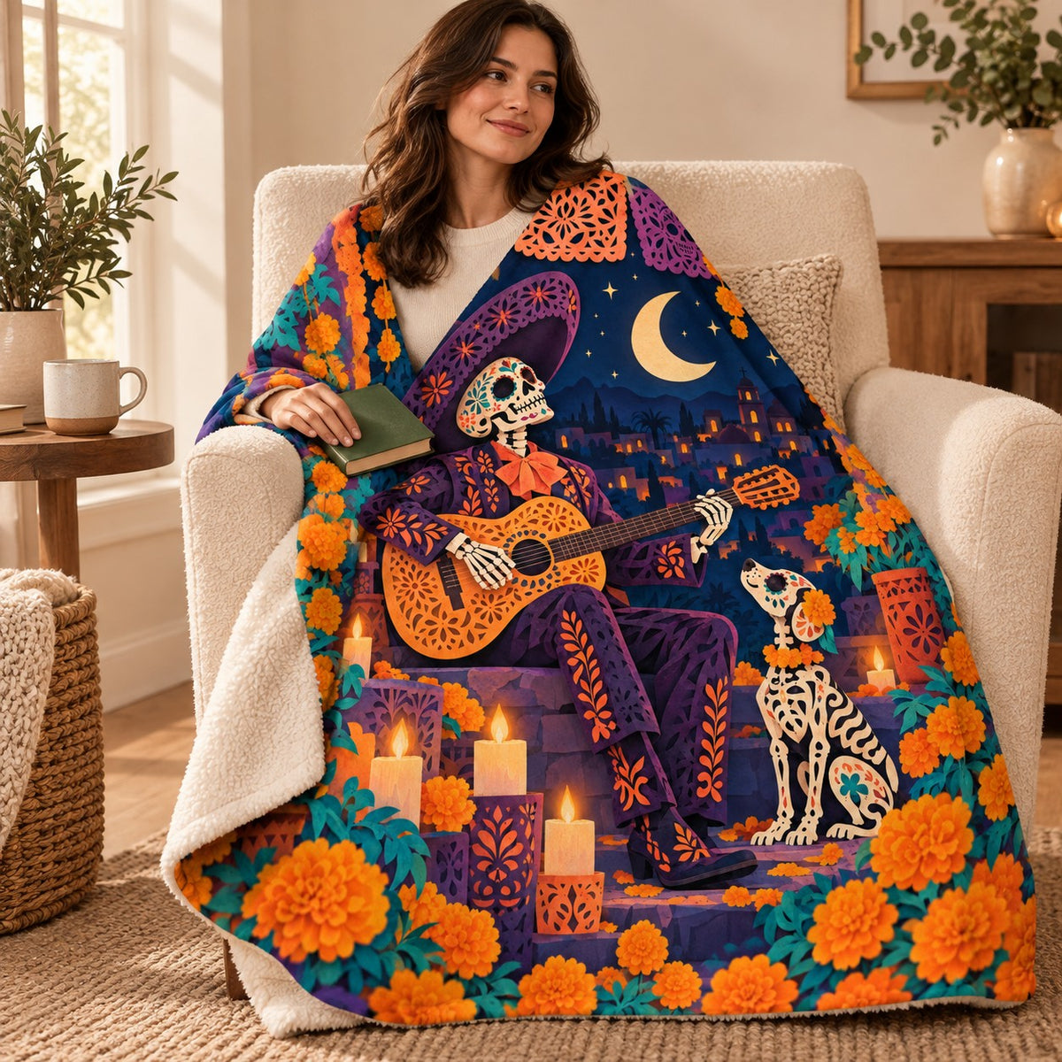 Moonlight Guitar blanket, wrapped around a reader