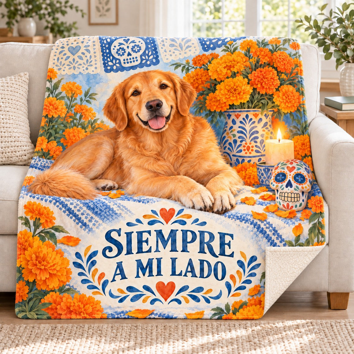 Siempre a Mi Lado blanket, on a sofa