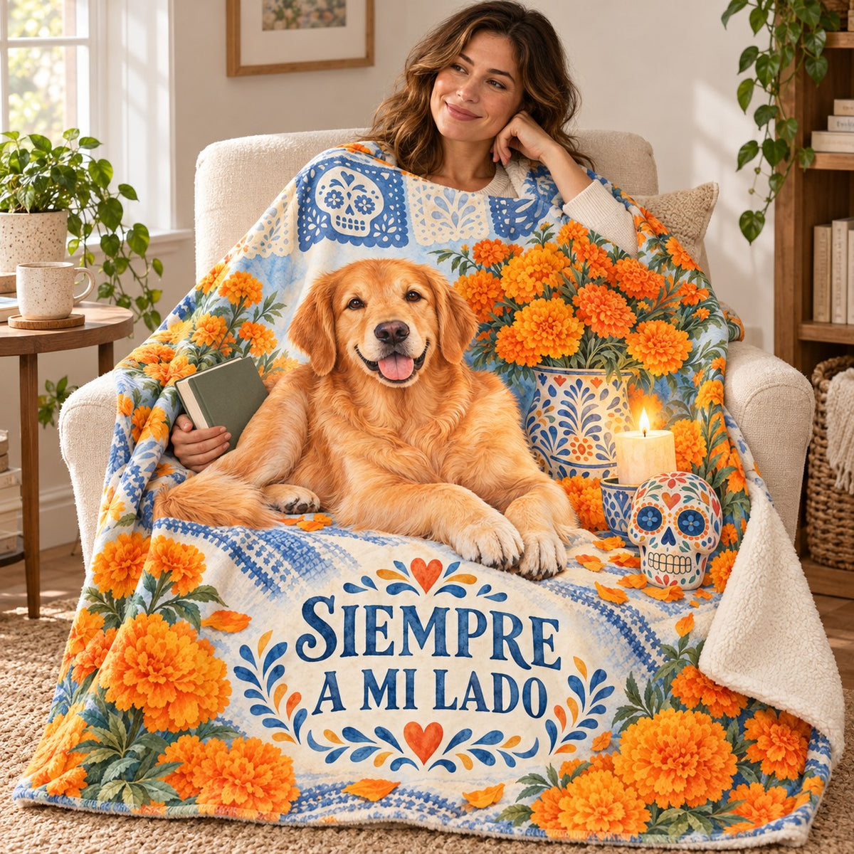Siempre a Mi Lado blanket, wrapped around a reader