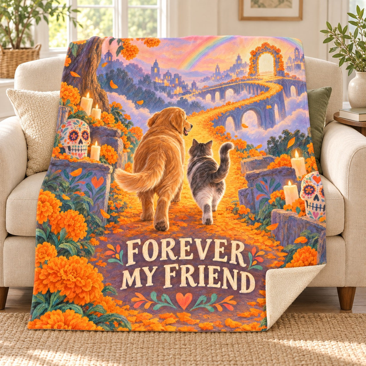 Forever My Friend blanket, on a sofa