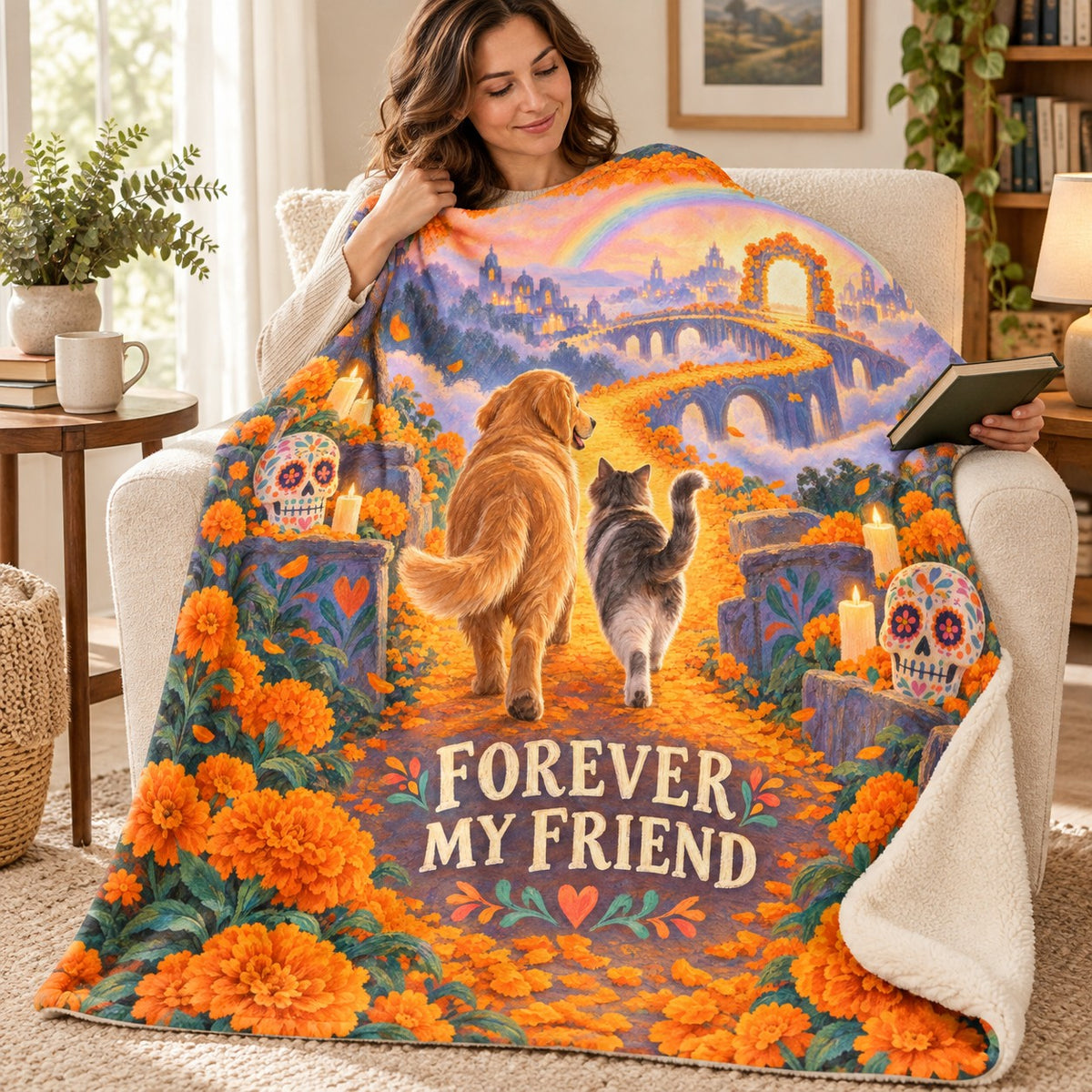 Forever My Friend blanket, wrapped around a reader