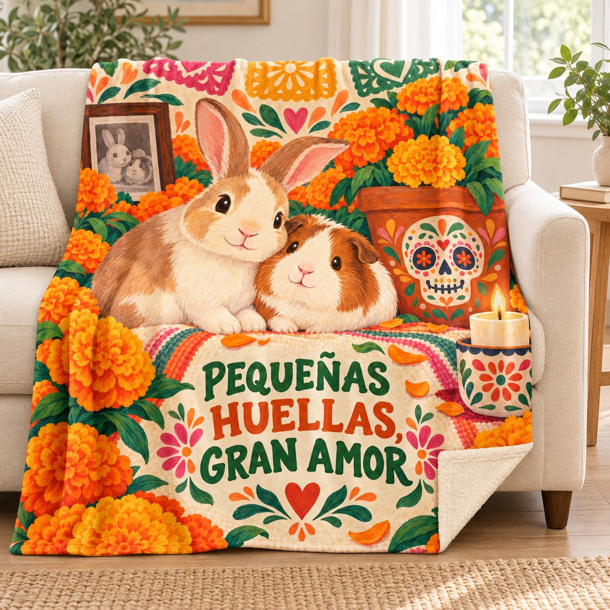 Pequeñas Huellas, Gran Amor blanket, on a sofa