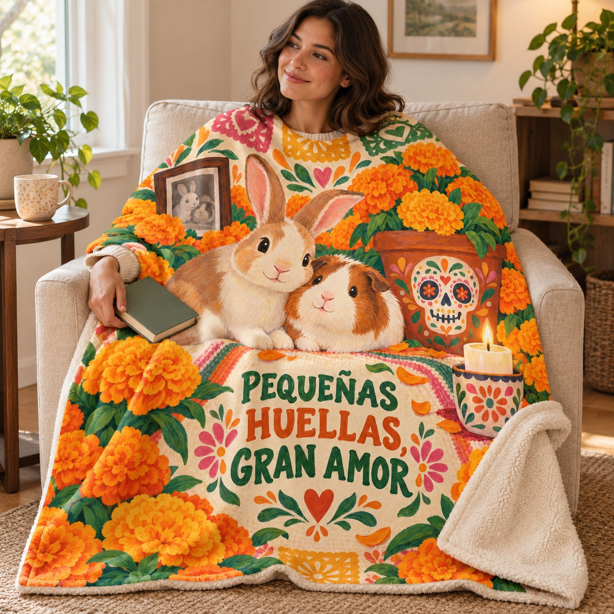 Pequeñas Huellas, Gran Amor blanket, wrapped around a reader