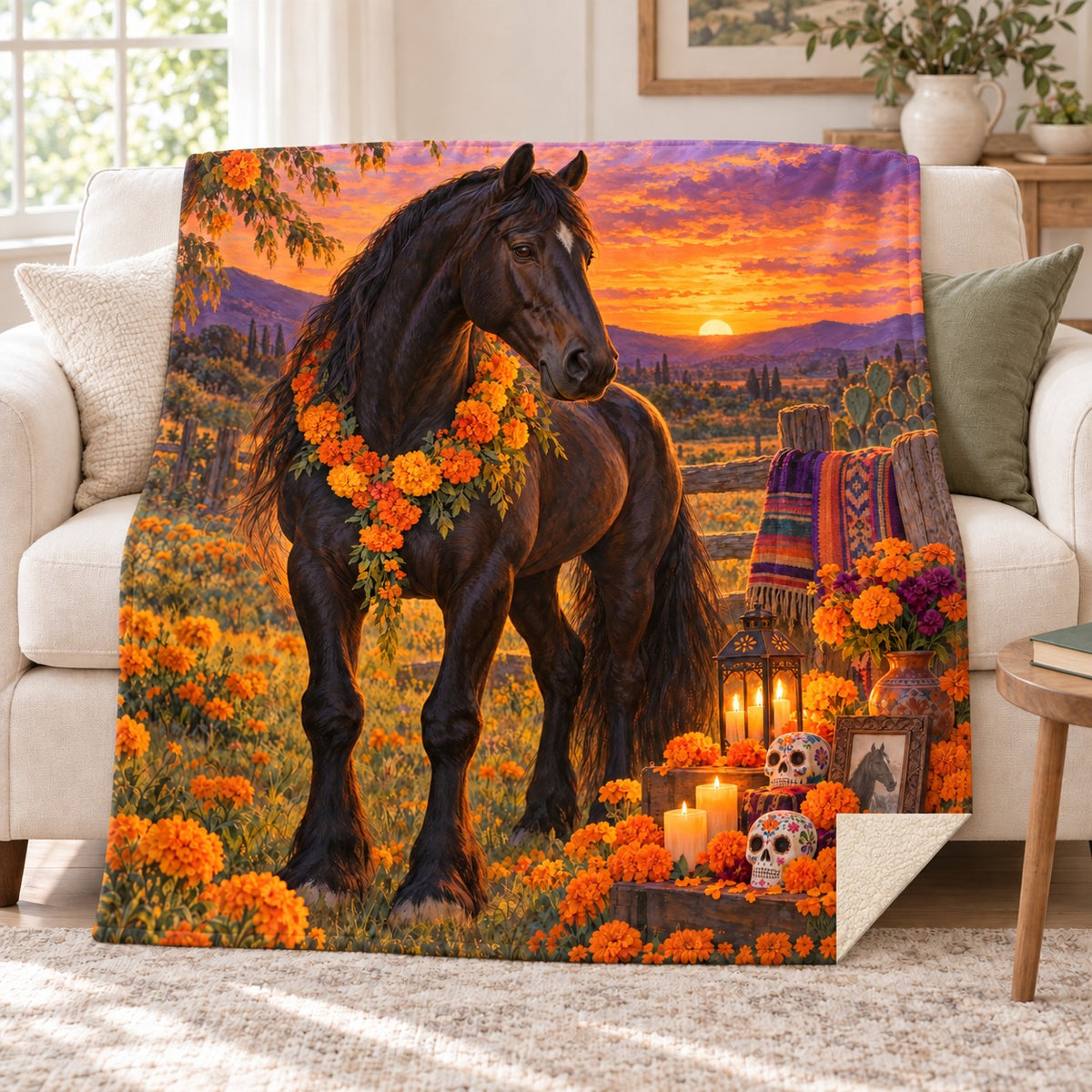 Marigold Horse blanket, on a sofa