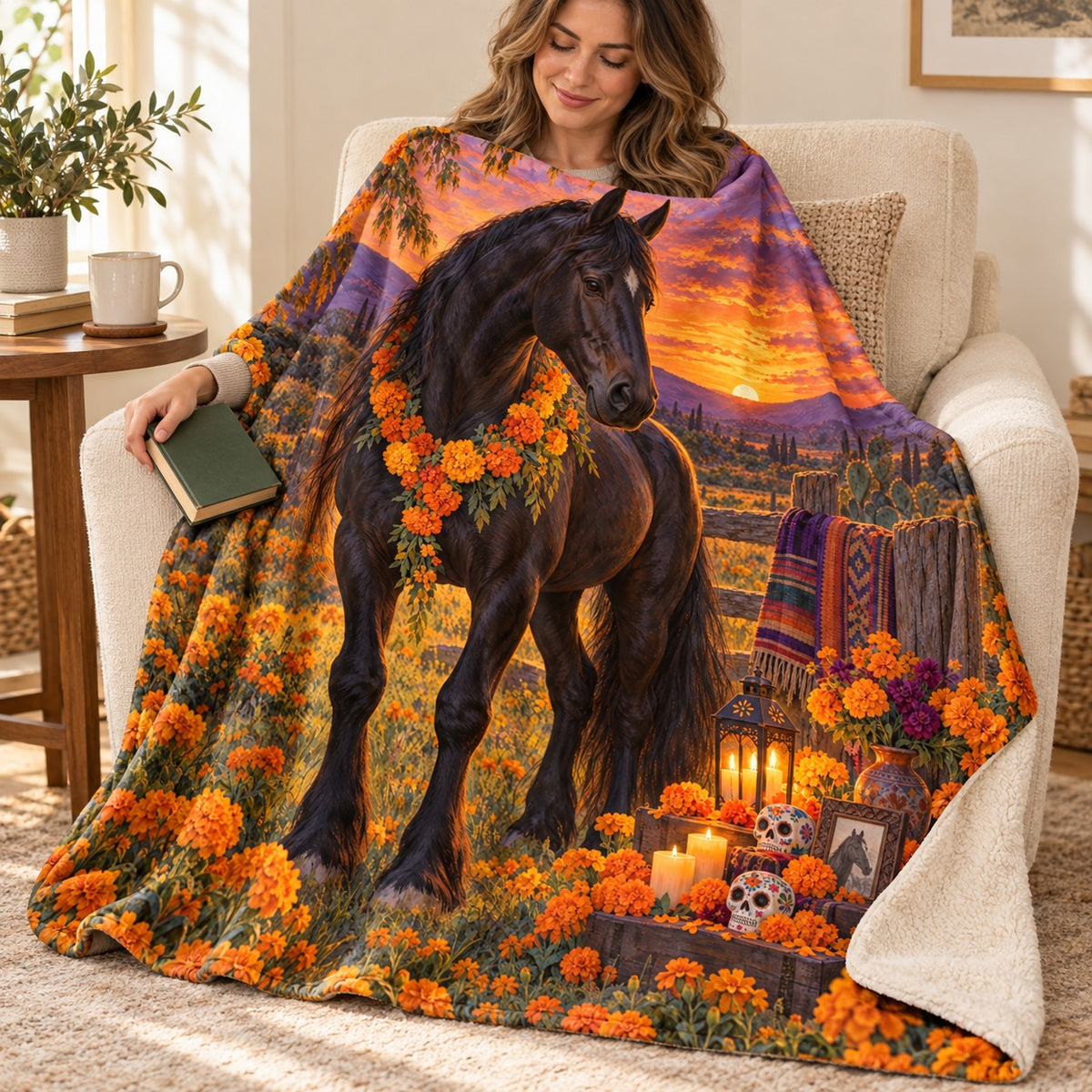 Marigold Horse blanket, wrapped around a reader