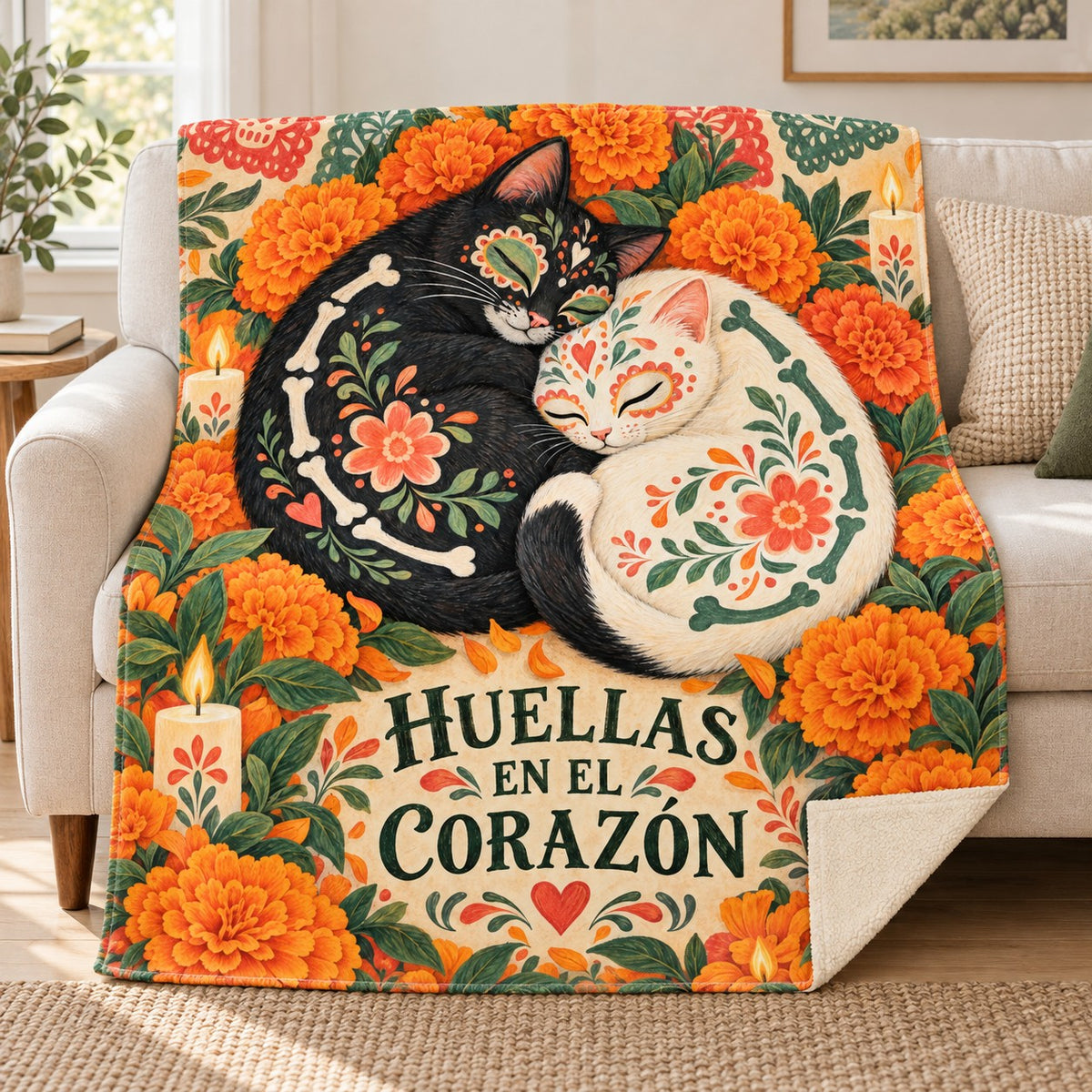 Huellas en el Corazón blanket, on a sofa