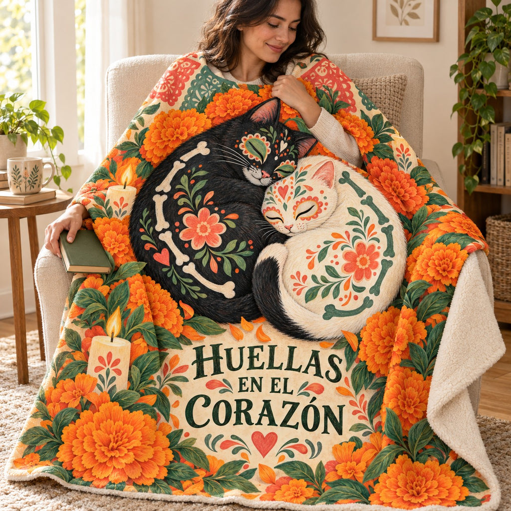 Huellas en el Corazón blanket, wrapped around a reader