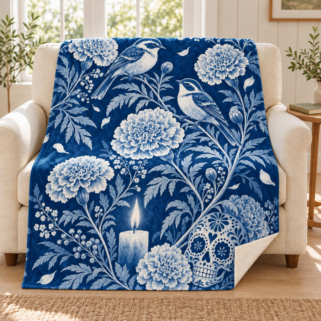 Blue Birds and Marigolds blanket, on a sofa