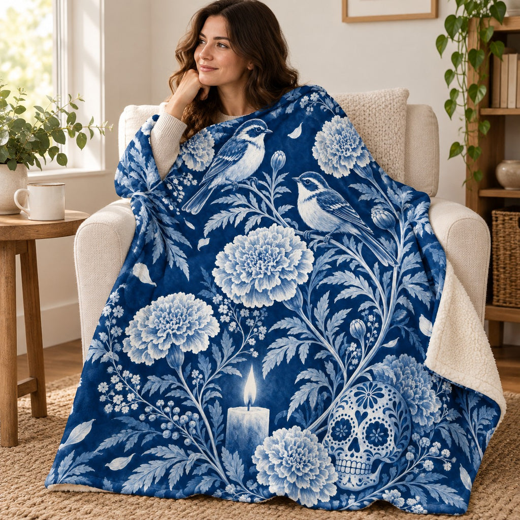 Blue Birds and Marigolds blanket, wrapped around a reader