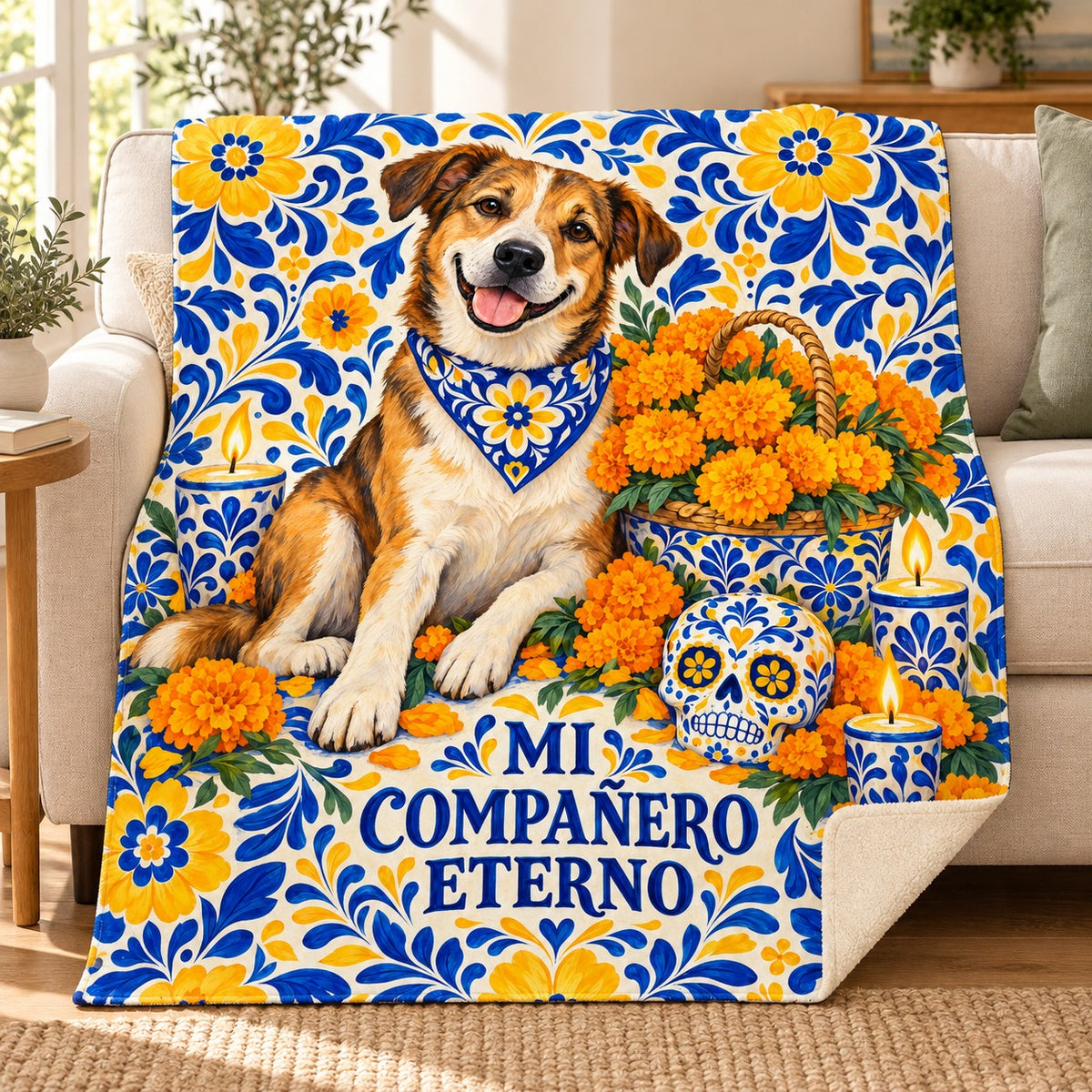 Mi Compañero Eterno blanket, on a sofa