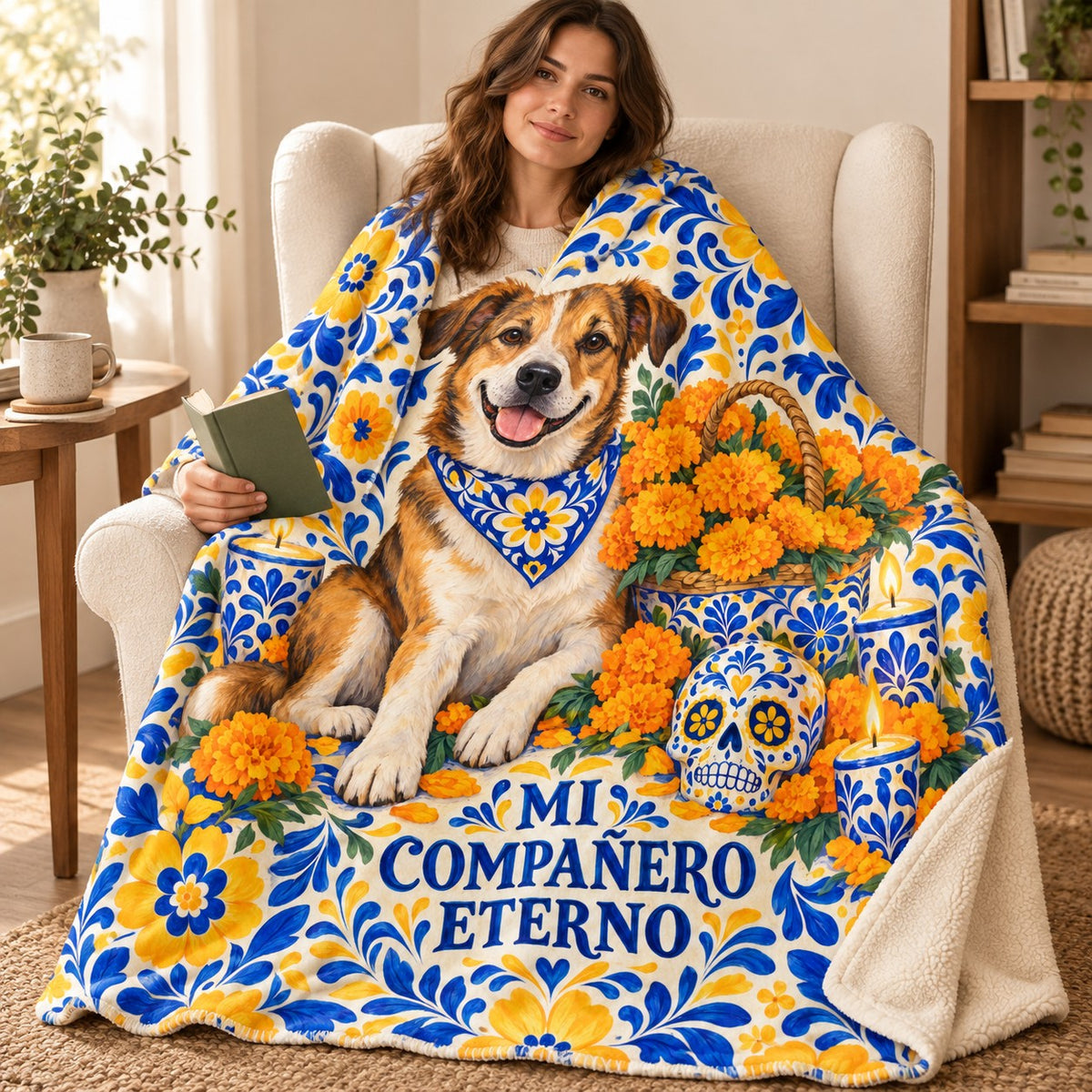 Mi Compañero Eterno blanket, wrapped around a reader