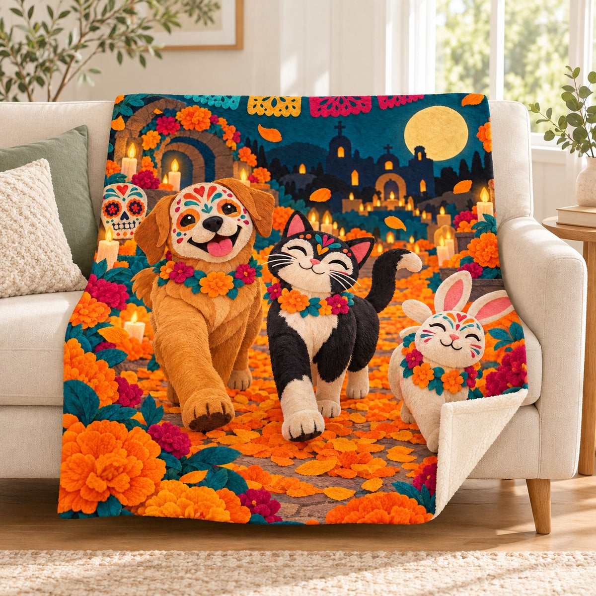 Pet Parade blanket, on a sofa