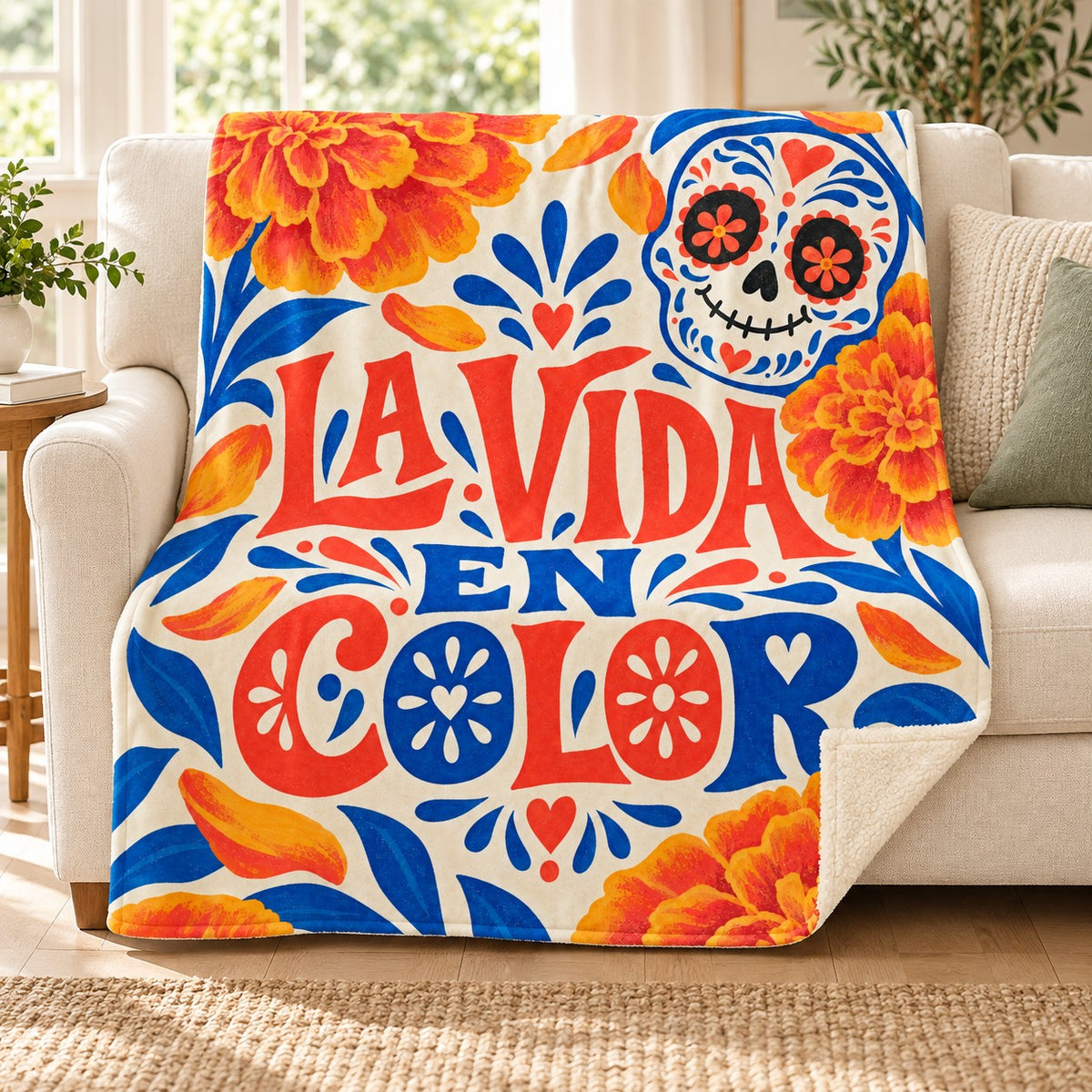 La Vida en Color blanket, on a sofa