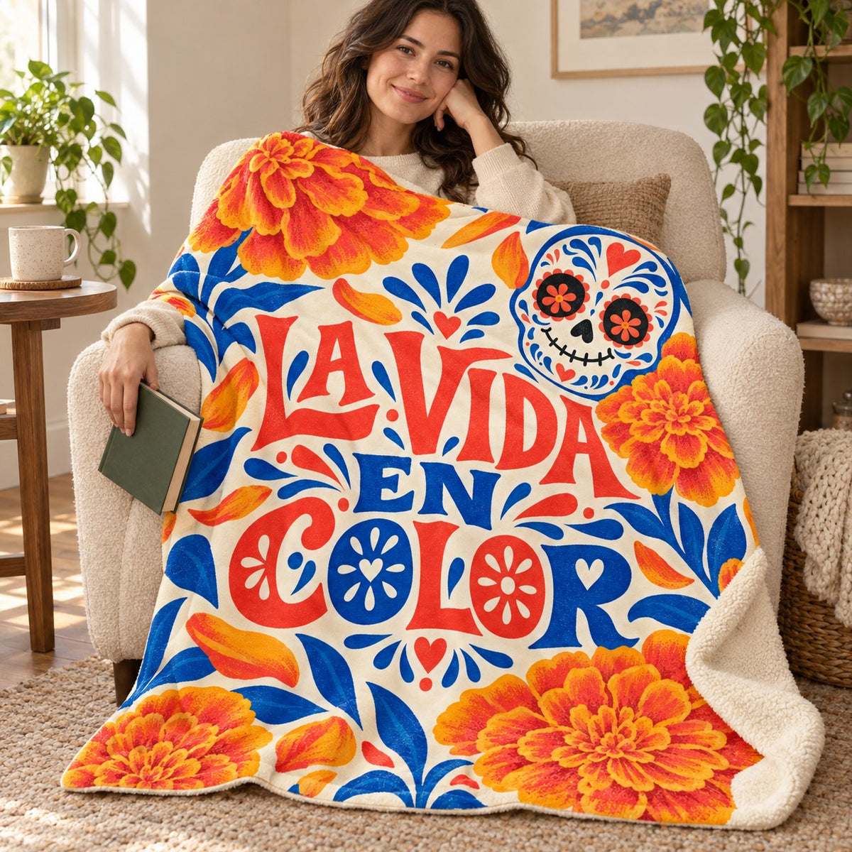 La Vida en Color blanket, wrapped around a reader