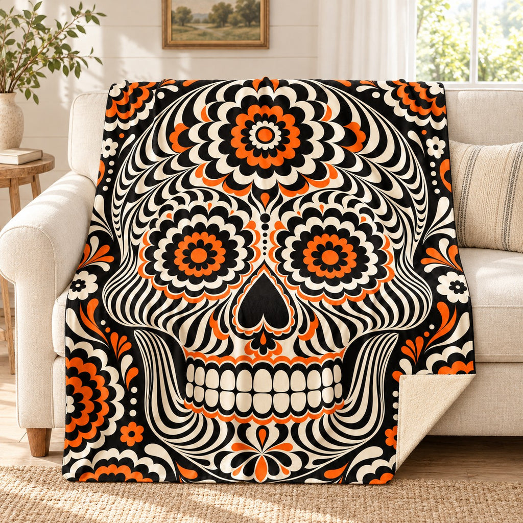 Op-Art Calavera blanket, on a sofa