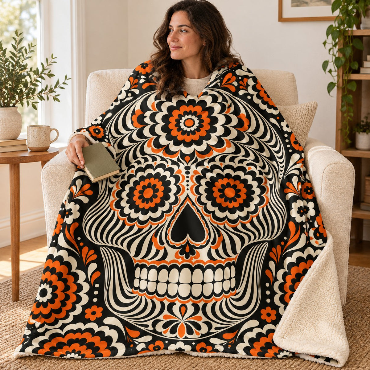 Op-Art Calavera blanket, wrapped around a reader