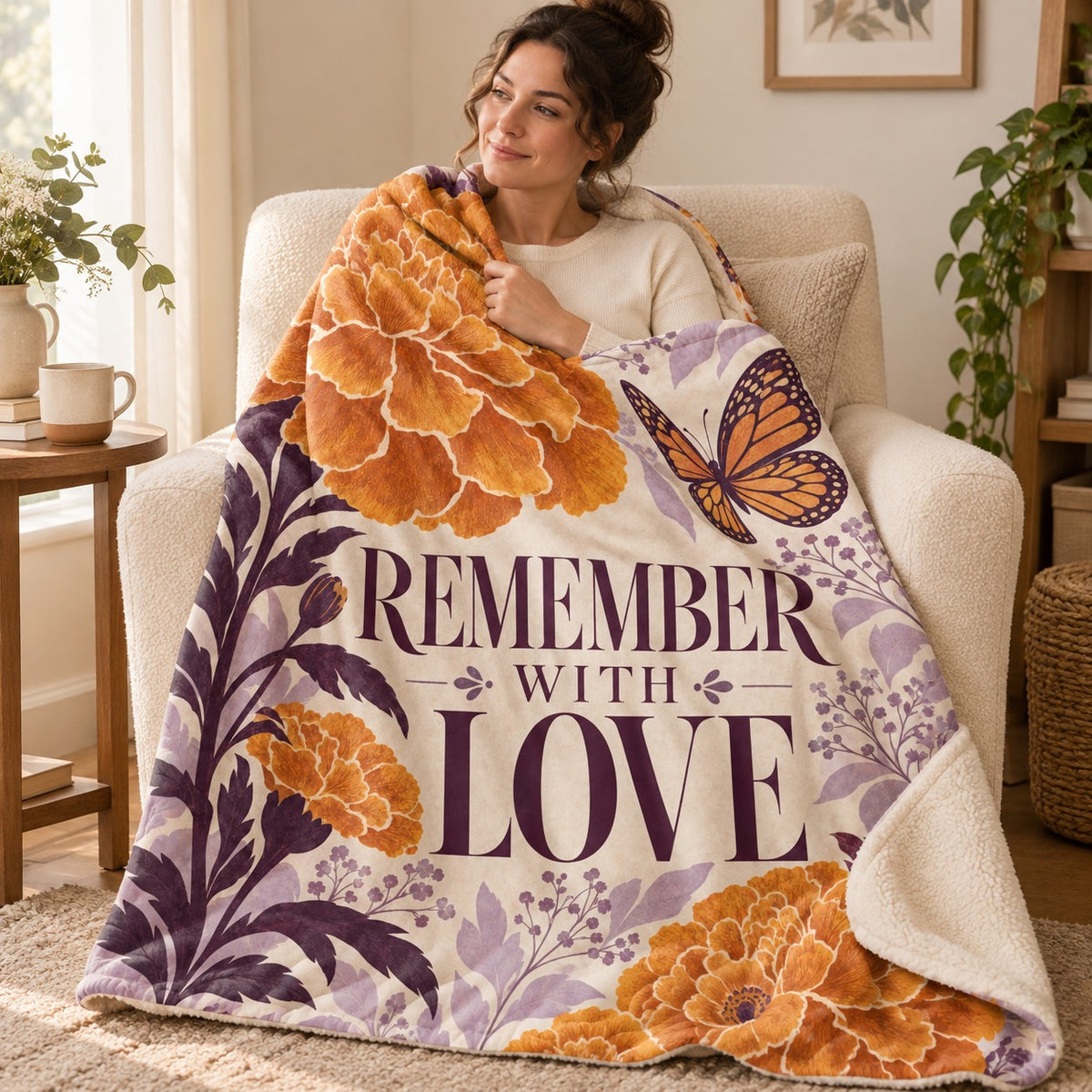Remember with Love blanket, wrapped around a reader