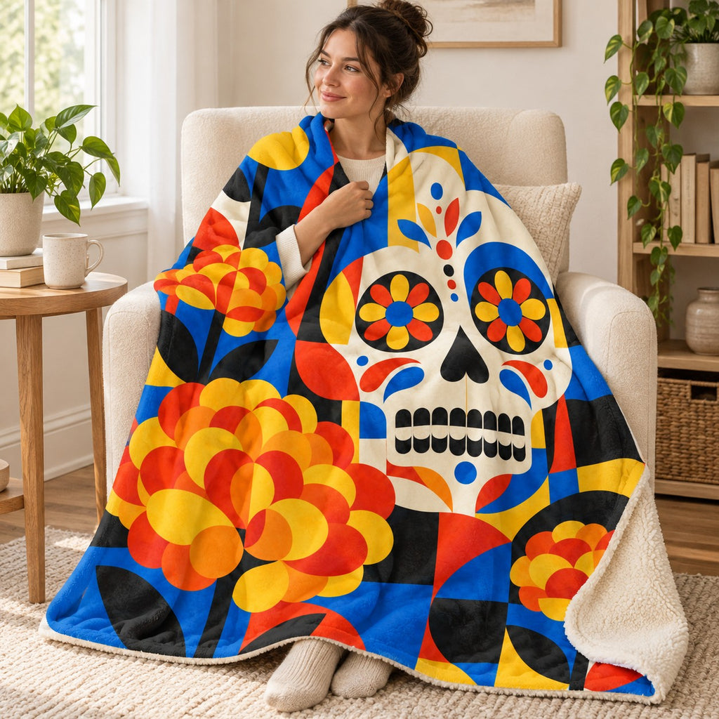 Bauhaus Calavera blanket, wrapped around a reader