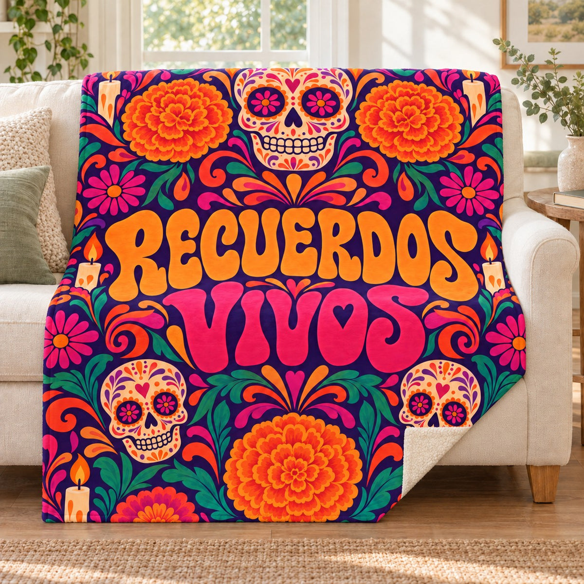 Recuerdos Vivos blanket, on a sofa