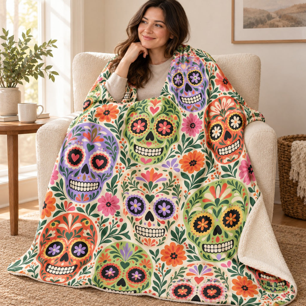 Sugar Skull Pattern blanket, wrapped around a reader