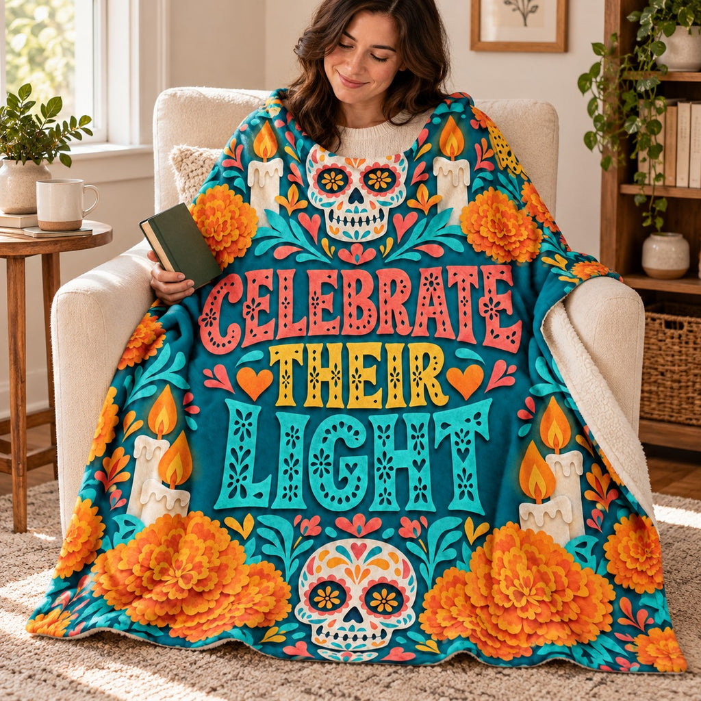 Celebrate Their Light blanket, wrapped around a reader