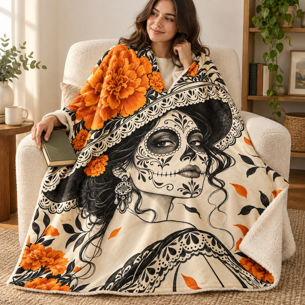 Catrina in Ink blanket, wrapped around a reader