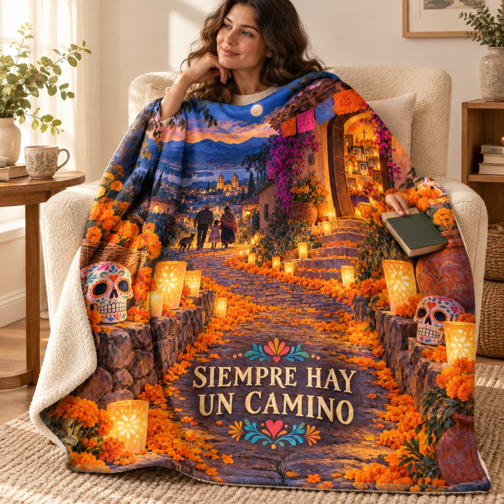 Siempre Hay un Camino blanket, wrapped around a reader