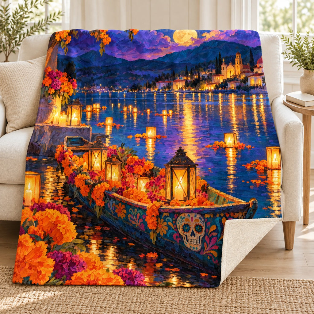 Lantern Boat blanket, on a sofa
