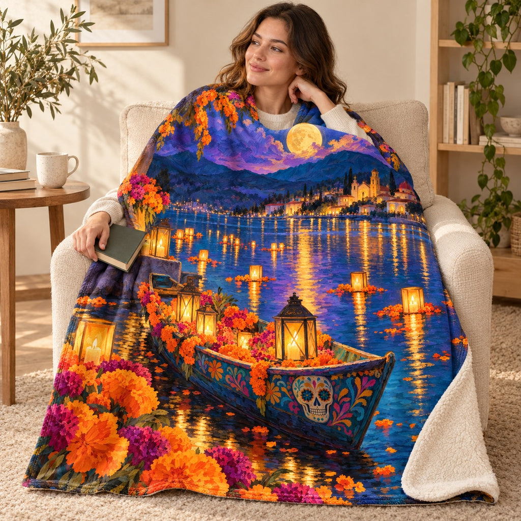 Lantern Boat blanket, wrapped around a reader
