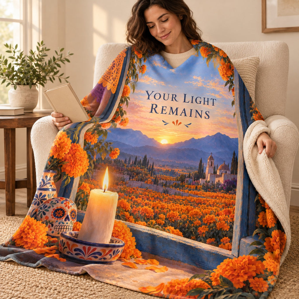 Your Light Remains blanket, wrapped around a reader