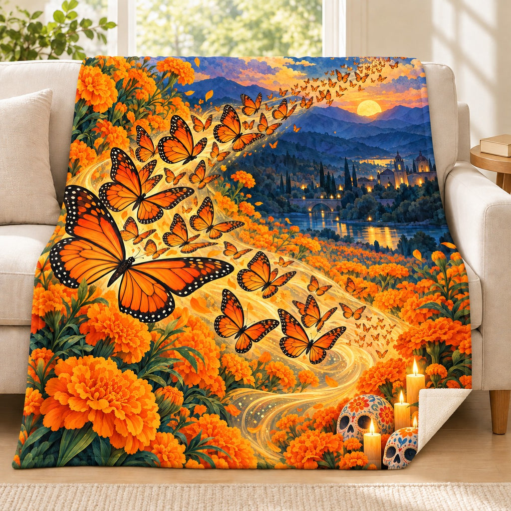 Monarch Flight blanket, on a sofa