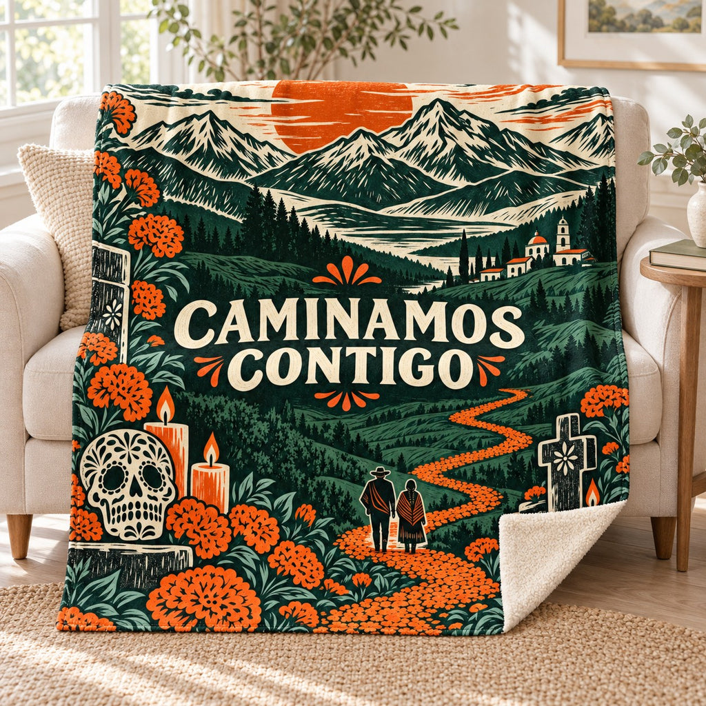 Caminamos Contigo blanket, on a sofa