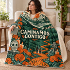 Caminamos Contigo blanket, wrapped around a reader