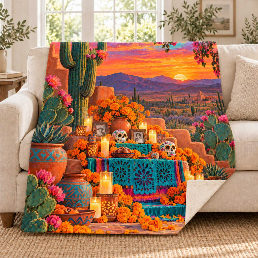 Desert Ofrenda blanket, on a sofa