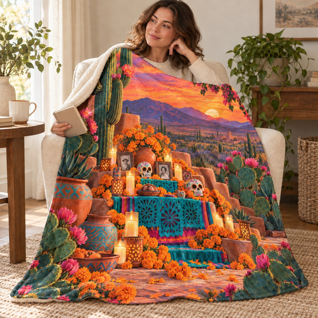 Desert Ofrenda blanket, wrapped around a reader
